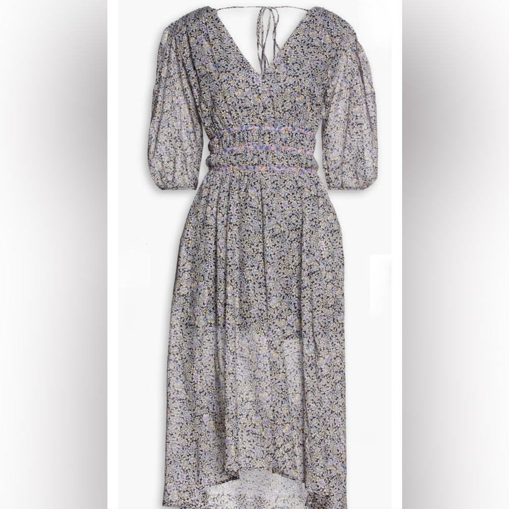 Maje Paris Floral Midi Dress with Flattering Smocked Waist, Size 10